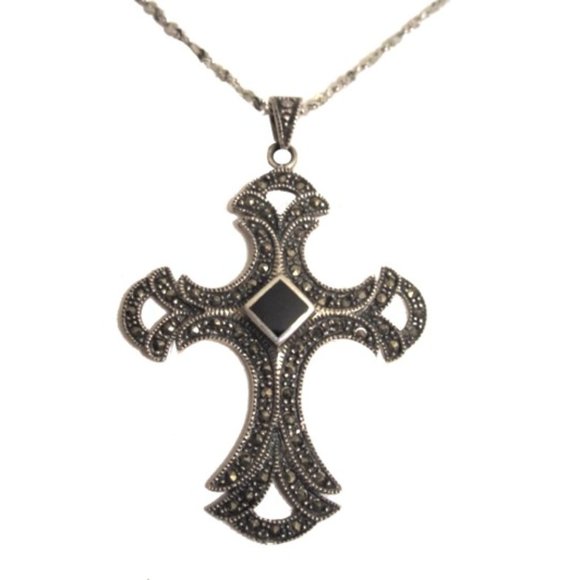 NWT: Gorgeous Silver Marcasite & Onyx Cross